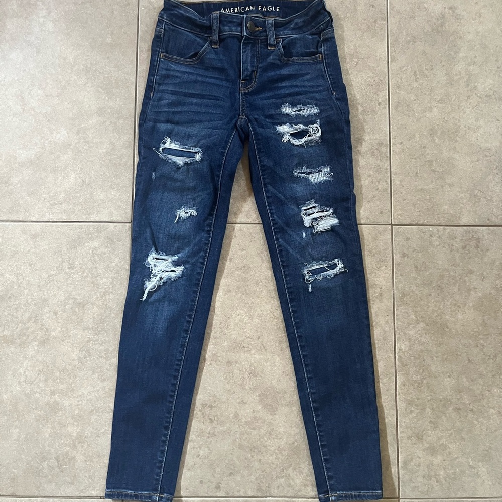 American Eagle Next Level Stretch 00 Short Ripped Blue Jeans Low Rise
